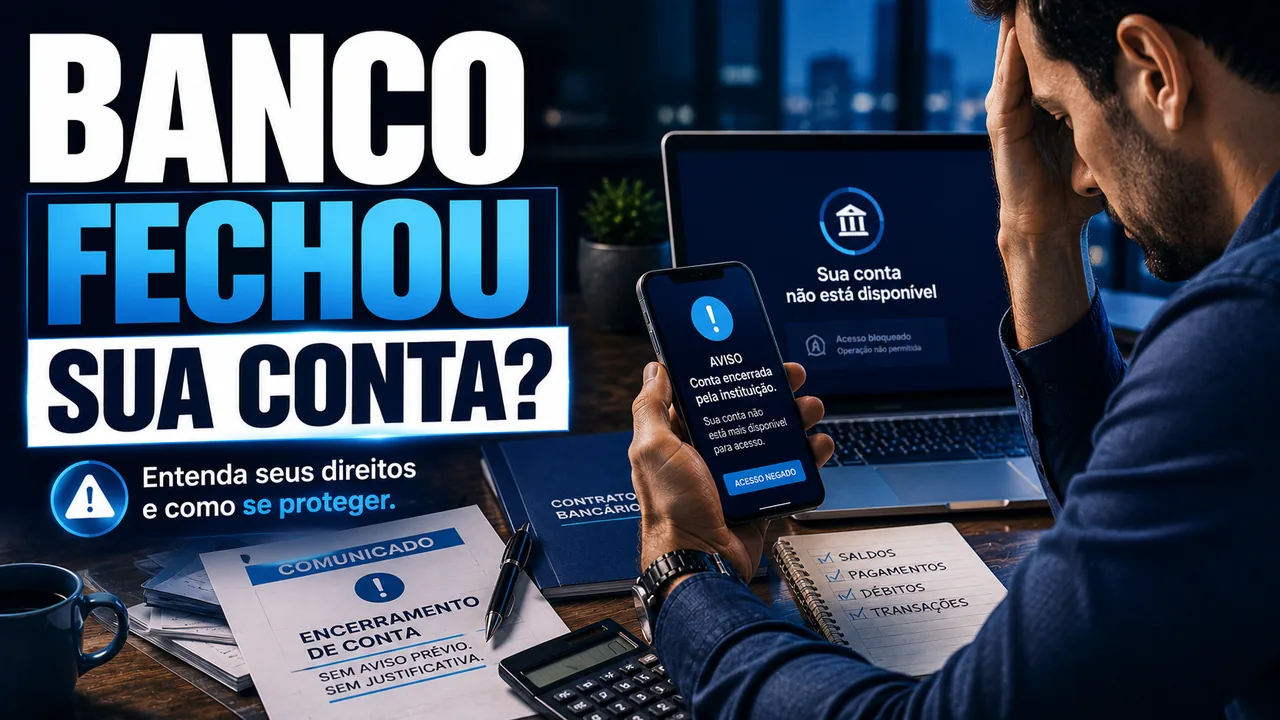 Executivo frustrado olhando para tela de notebook com aviso de erro bancário, ilustrando o encerramento indevido de conta corrente.