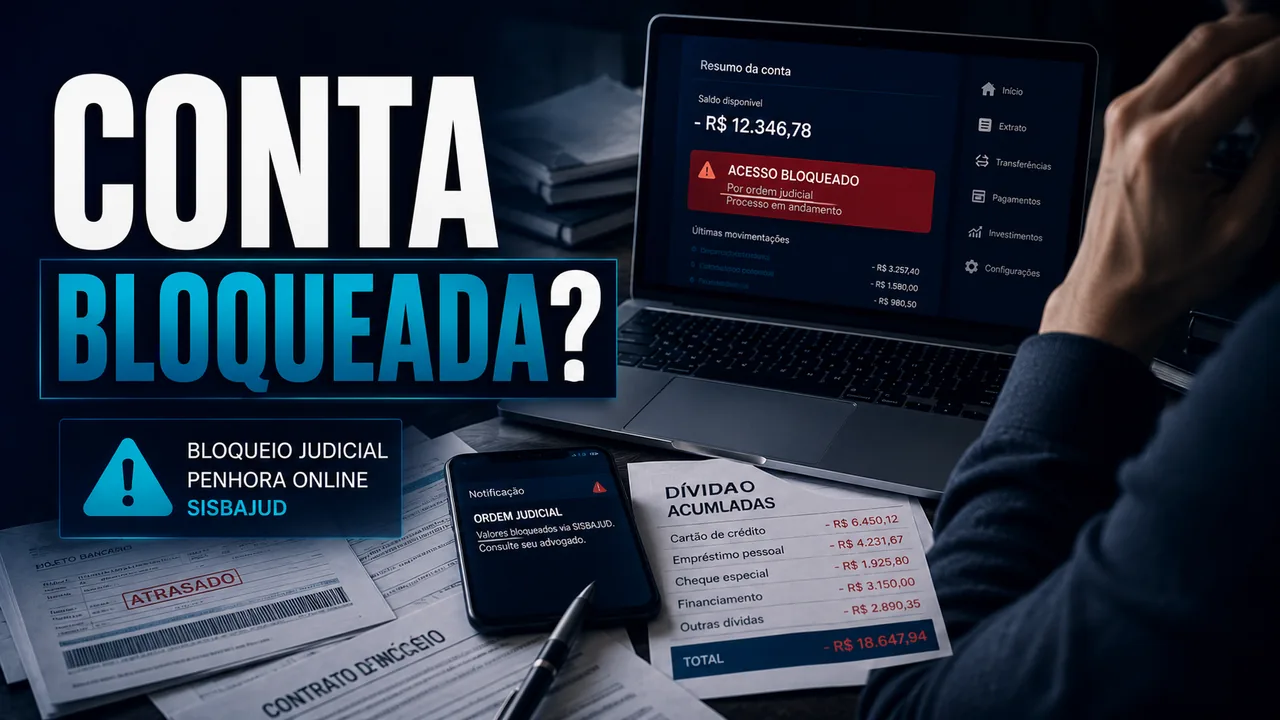 Mão com caneta paralisada sobre tablet exibindo gráficos financeiros vermelhos, simbolizando o bloqueio judicial de contas e ativos.