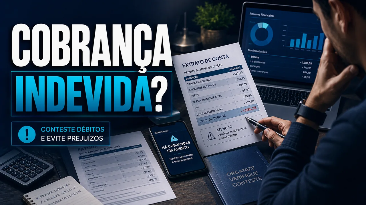 Pessoa em escritório segurando smartphone com alerta bancário, representando cobranças indevidas e falhas sistêmicas.
