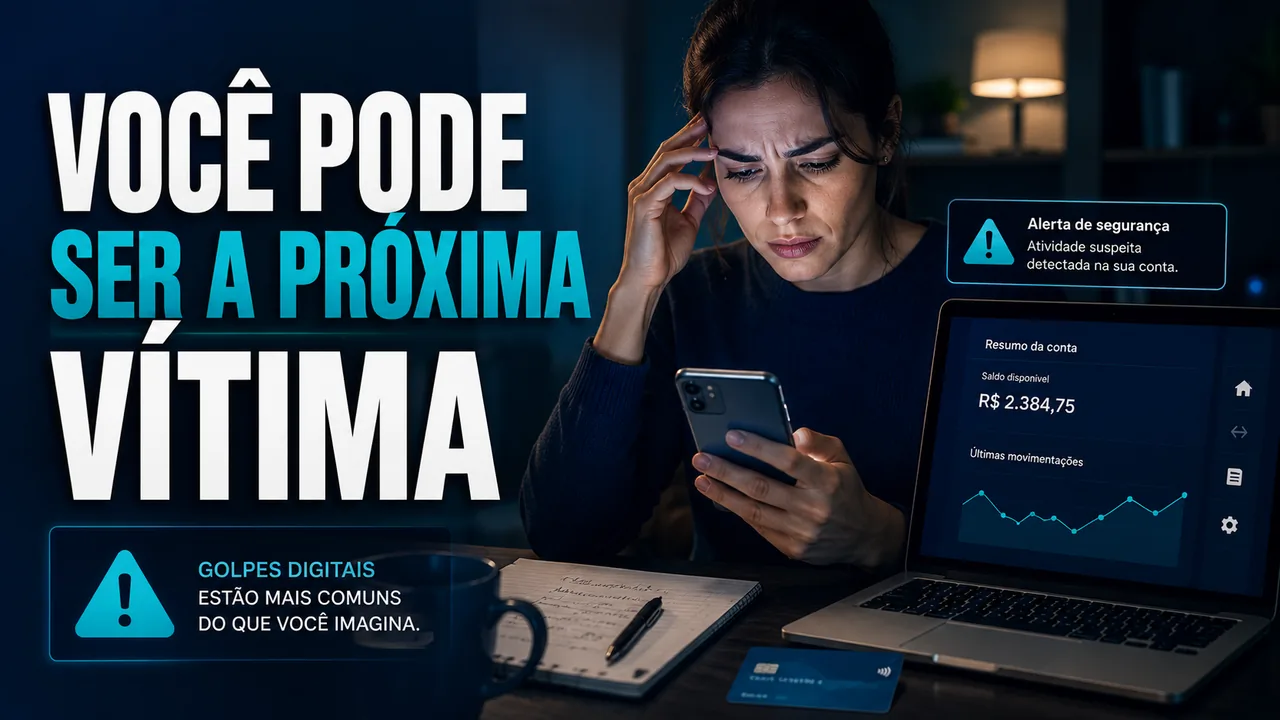 Mão segurando celular com aviso de segurança bancária desfocado, ressaltando a importância de proteção contra golpes digitais.