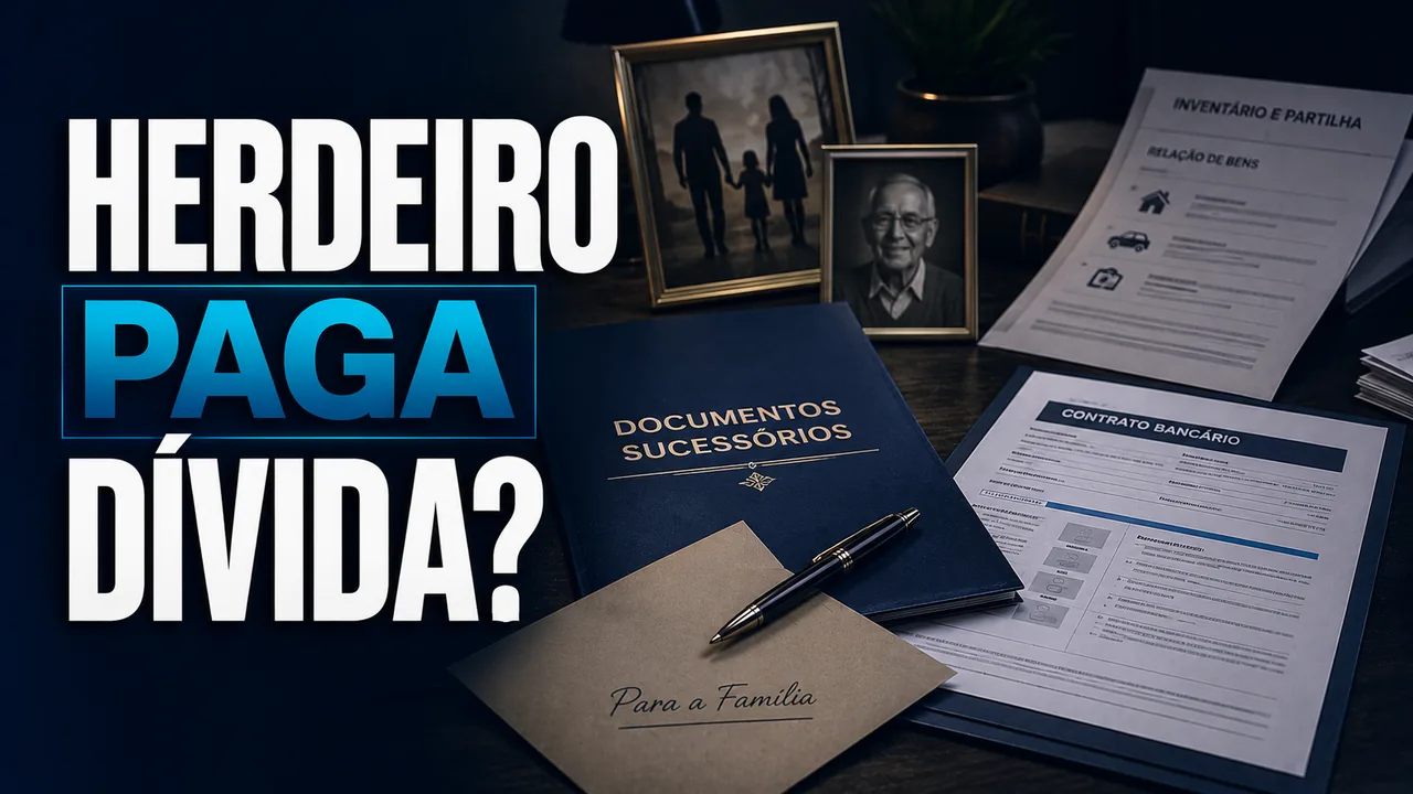 Mesa clássica com documentos formais e óculos, representando análise de herança e espólio em dívidas bancárias.