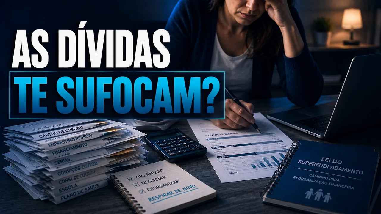 Pessoa analisando documentos e contas em ambiente sóbrio, representando o planejamento financeiro sob a Lei do Superendividamento.
